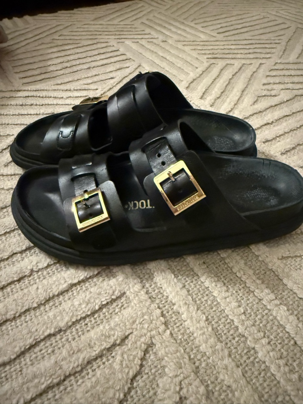 Birkenstock St. Barths Leather Black Double Strap Sandals with Gold Buckles - Picture 2 of 4